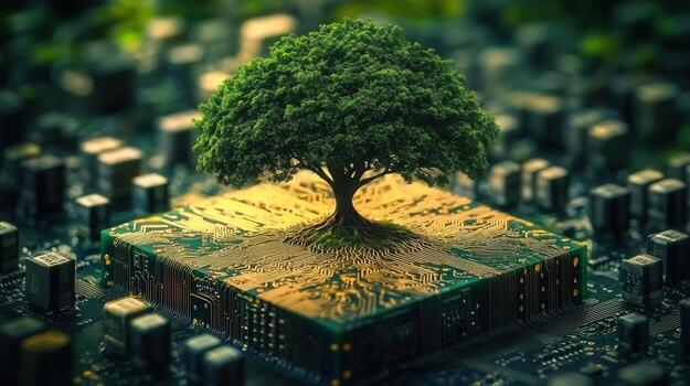 A symbolic representation of nature and technology coexisting harmoniously on a circuit board. photo