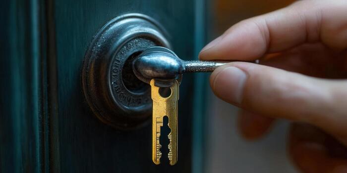 A hand inserts a key into a vintage lock, emphasizing security and access. photo