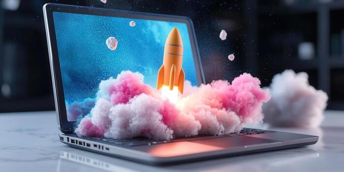 un vibrante imagen de un cohete tomando apagado desde un computadora portátil, representando digital innovación y crecimiento. foto