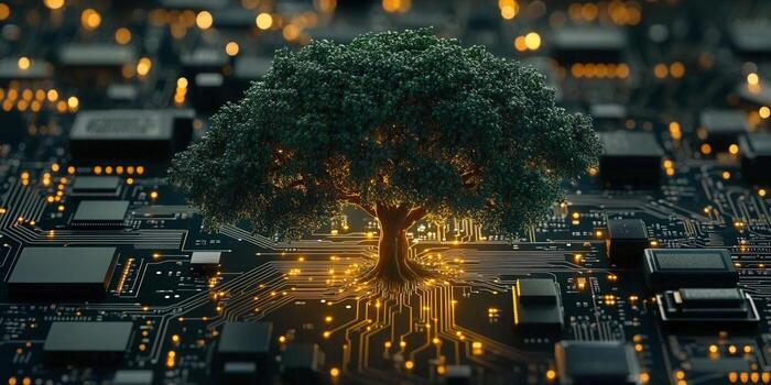 An artistic depiction of a tree rooted in a digital circuit board, glowing with light. photo