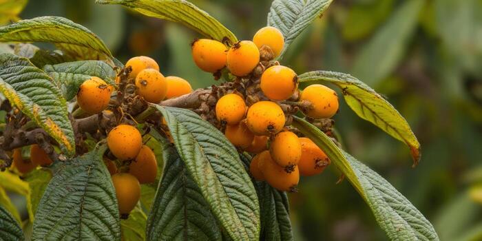 A close-up view of a loquat tree branch laden with ripe, orange fruit. photo