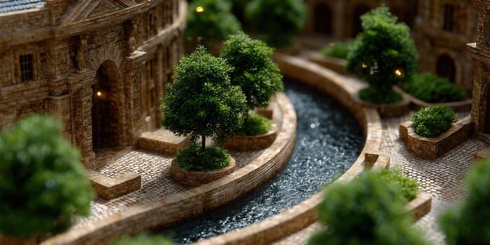 Miniature river scene with cobblestone paths and lush green trees. photo