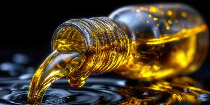 Golden liquid pouring from a bottle, creating a stunning reflective surface. photo