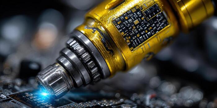 Close-up of a futuristic golden and silver device on a circuit board, glowing with blue light. photo