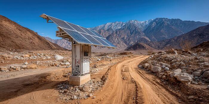 Solar panel array in a desert, providing clean energy to remote areas. photo