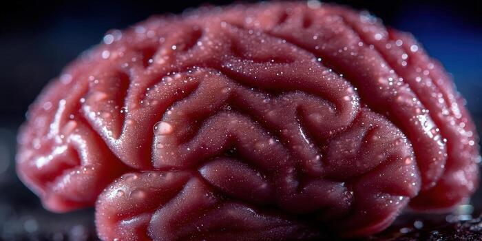 A detailed macro shot of a brain, glistening with water droplets, evoking a sense of thought and intellect. photo