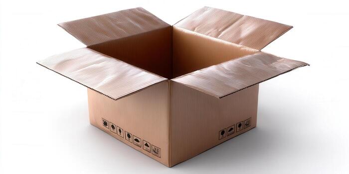 A close-up shot of an open cardboard box on a white background, ready for shipping. photo