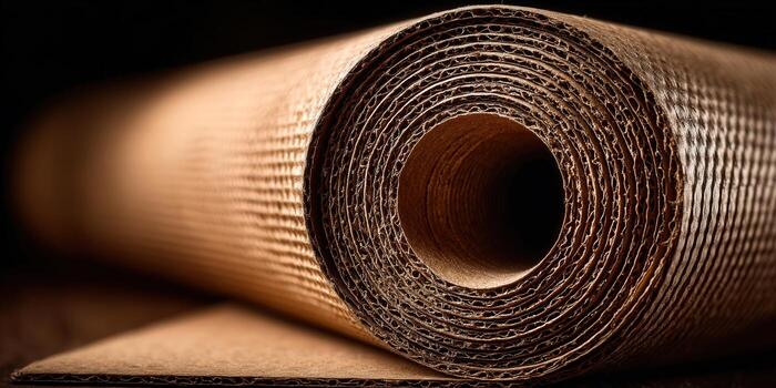A close-up of a rolled corrugated cardboard, showing its intricate layers and texture. photo