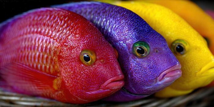 Vivid close-up of a row of colorful fish, showcasing their brilliant hues and textures. photo