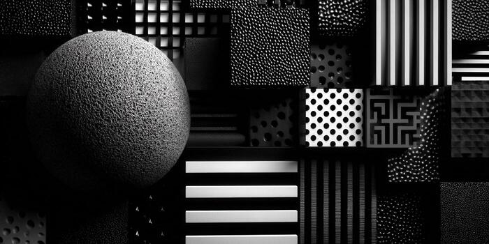 A striking black and white abstract composition of varied textures and shapes. photo
