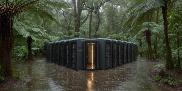A cutting-edge data center emerges from a vibrant, untouched rainforest setting. photo