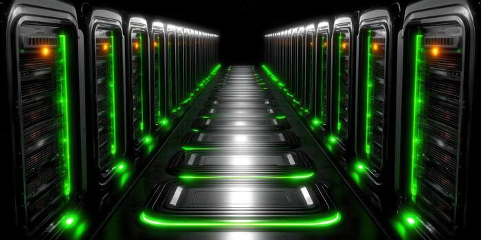 futurista servidor habitación con filas de servidores y verde luces. foto