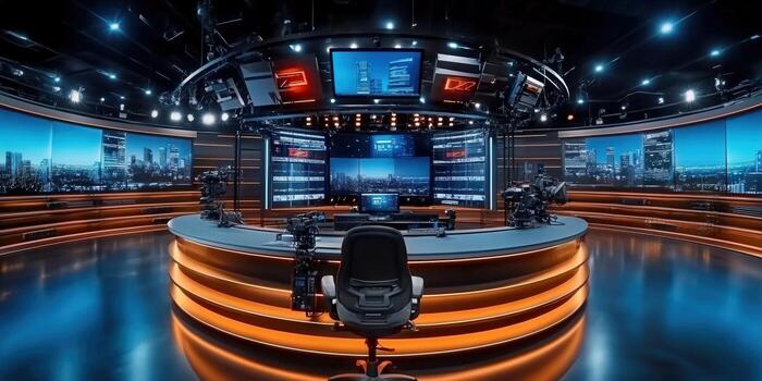 Captivating shot of a cutting-edge news studio, designed for professional broadcasts. photo
