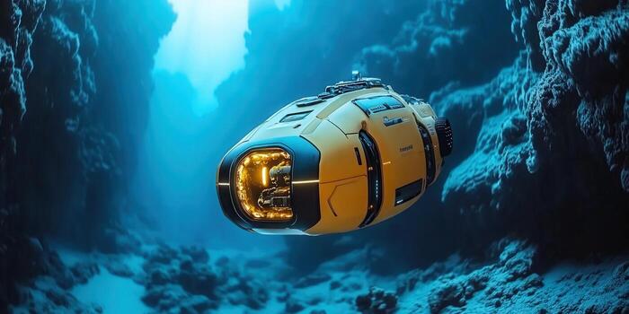 The yellow submarine glides through the deep blue ocean, exploring an unknown world. photo