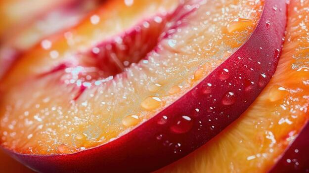 A close-up image showcases juicy, sliced plums with water droplets, capturing vibrant colors and fresh textures. photo