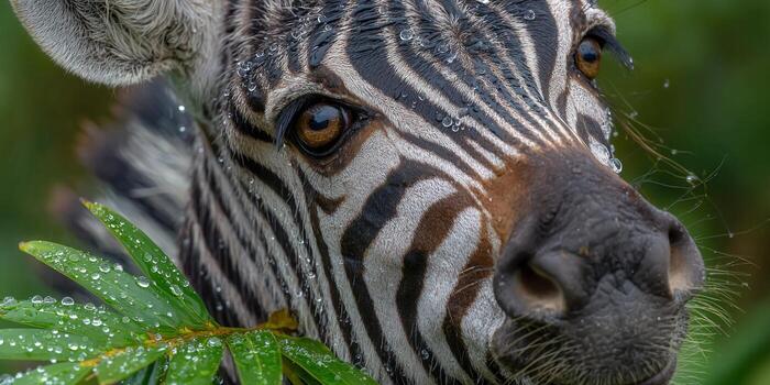 Striking zebra portrait with captivating eyes and a mesmerizing rain-kissed coat. photo