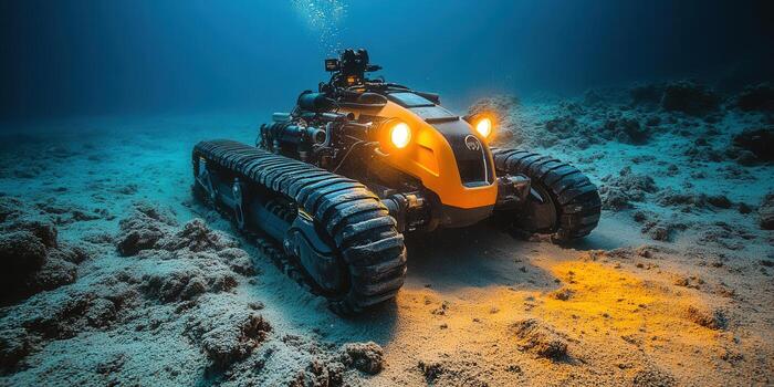 An underwater vehicle navigates the ocean floor, with its lights on, in a beautiful blue environment. photo