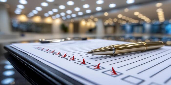 A clipboard with a checklist and a golden pen in an office setting. photo