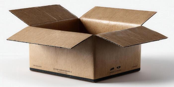 An empty, open cardboard box, ready for packing and shipping on a white background. photo
