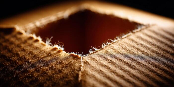 Close-up of a cardboard box with a square cutout, highlighting texture and detail. photo