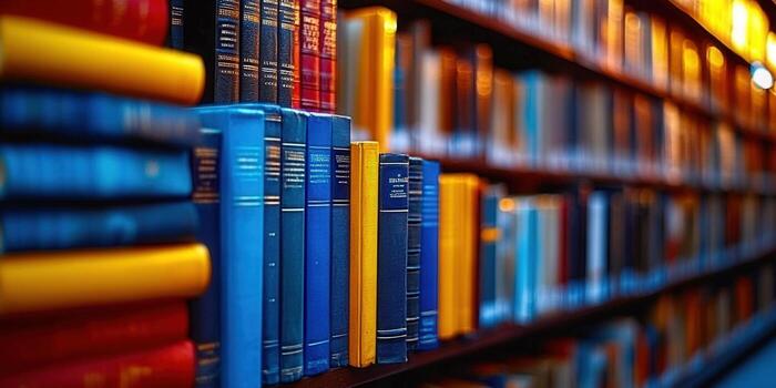 A close-up captures a library filled with colorful books on wooden shelves. photo