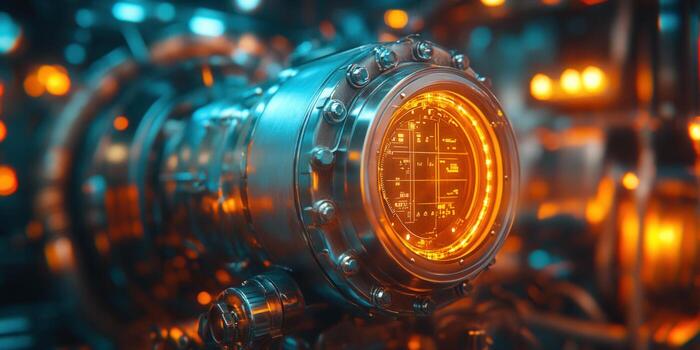 Intricate detail of a futuristic technological device, glowing with bright colors. photo
