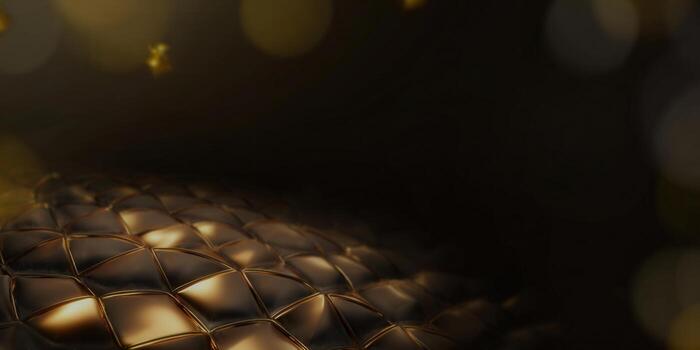 Golden quilted surface with blurred bokeh background creates a luxurious and elegant design. photo