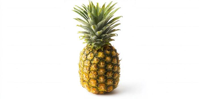 A vibrant, ripe pineapple is displayed on a clean, minimalist white background. photo