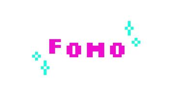 animado palabra fomo en rosado píxel tipografía. temor de desaparecido fuera jerga. ansioso sentimiento. psicológico término. retro 8 poco estilo rebote texto reacción animación con destellos pixelado saltando letras video