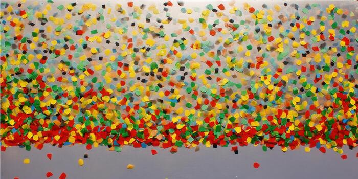 A vibrant abstract painting filled with colorful shapes, creating a dynamic composition. photo