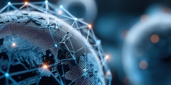 The globe is illuminated with a network of connections, representing technology and global communication. photo