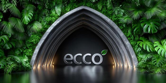Ecco logo displayed within an archway, framed by vibrant green foliage for an elegant presentation. photo