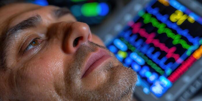 A man intensely studies financial data on a computer screen, deep in thought and analysis. photo