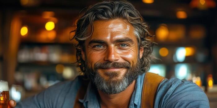 A smiling man with a beard enjoys a beer at the bar, radiating happiness and joy photo