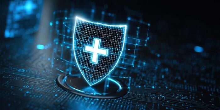 A futuristic, digital healthcare security concept with a glowing shield and plus sign. photo