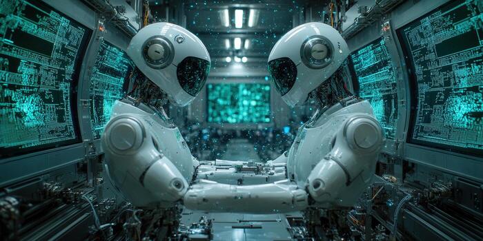 Two robots in a futuristic setting, likely involved in complex data processing tasks. photo