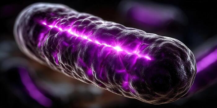 An abstract image of a glowing purple bacteria cell, perfect for science. photo