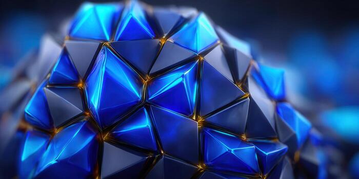 Intricate geometric blue and gold abstract design with vibrant light reflections. photo