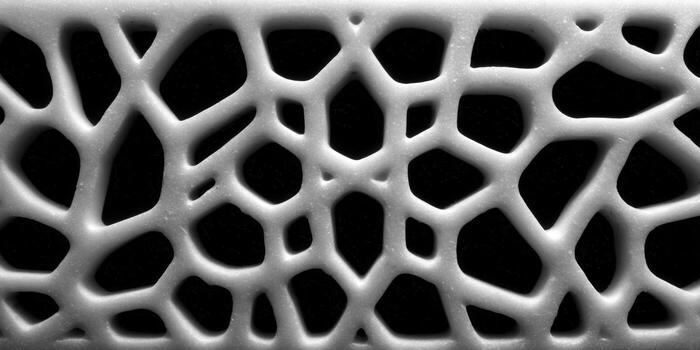 A detailed macro photograph showcasing a complex white cellular structure against black. photo