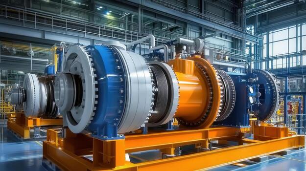 A close-up of industrial machinery within a modern factory environment, showcasing intricate engineering. photo