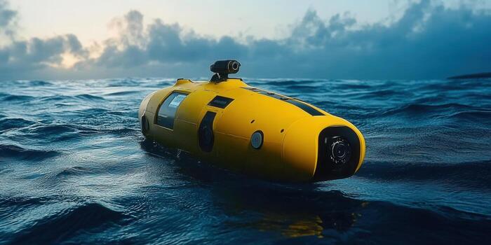 An Unmanned Yellow Underwater Drone Explores the Ocean's Surface photo