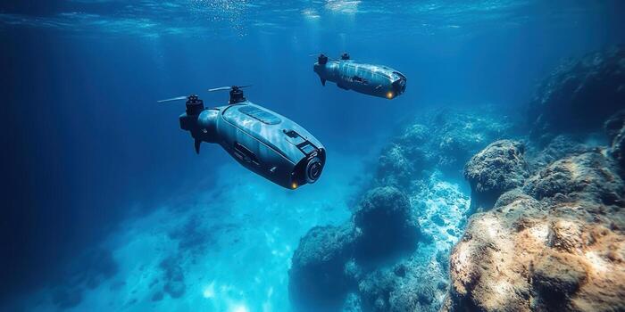 Underwater drones explore a vibrant coral reef in the deep ocean, showcasing modern technology. photo