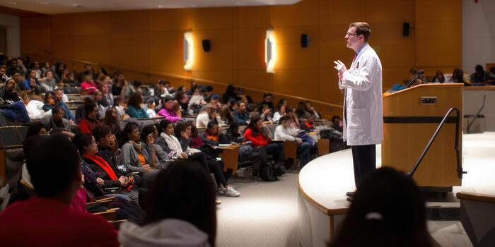 profesor dando un conferencia en un escalonado salón de clases a un grande grupo de estudiantes. foto