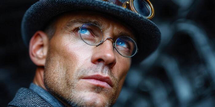 A striking portrait of a man in steampunk attire, gazing upward with focused eyes. photo