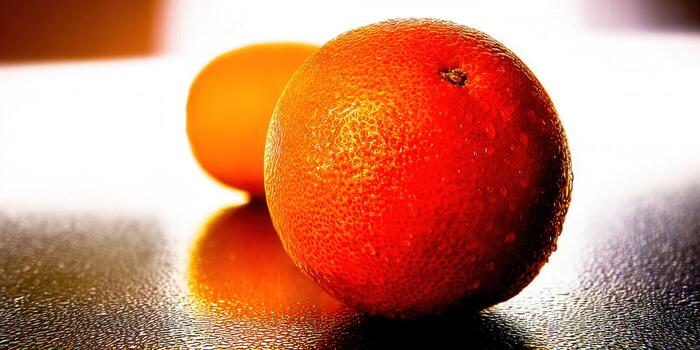 Vibrant orange and tangerine with water droplets on a reflective surface. photo