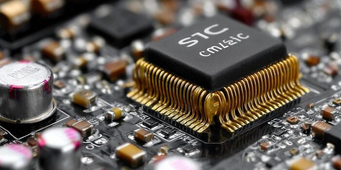 Close-up shot of a computer circuit board with a central processing unit and gold connectors. photo