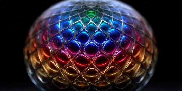 This image presents a detailed view of a colorful sphere with an intricate, reflective design and a dark background. photo