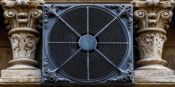 Intricate architectural composition of a circular vent and stone columns. photo