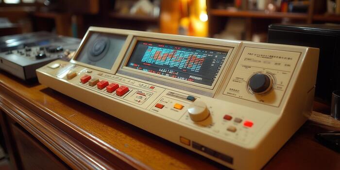 A close-up of a vintage audio equipment panel displaying data and controls. photo