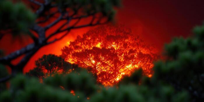 Intense forest fire burns with fury, viewed through a screen of dark trees. photo